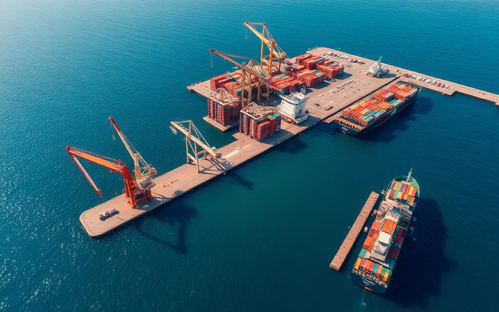 Veduta aerea di un porto commerciale con gru e navi portacontainer